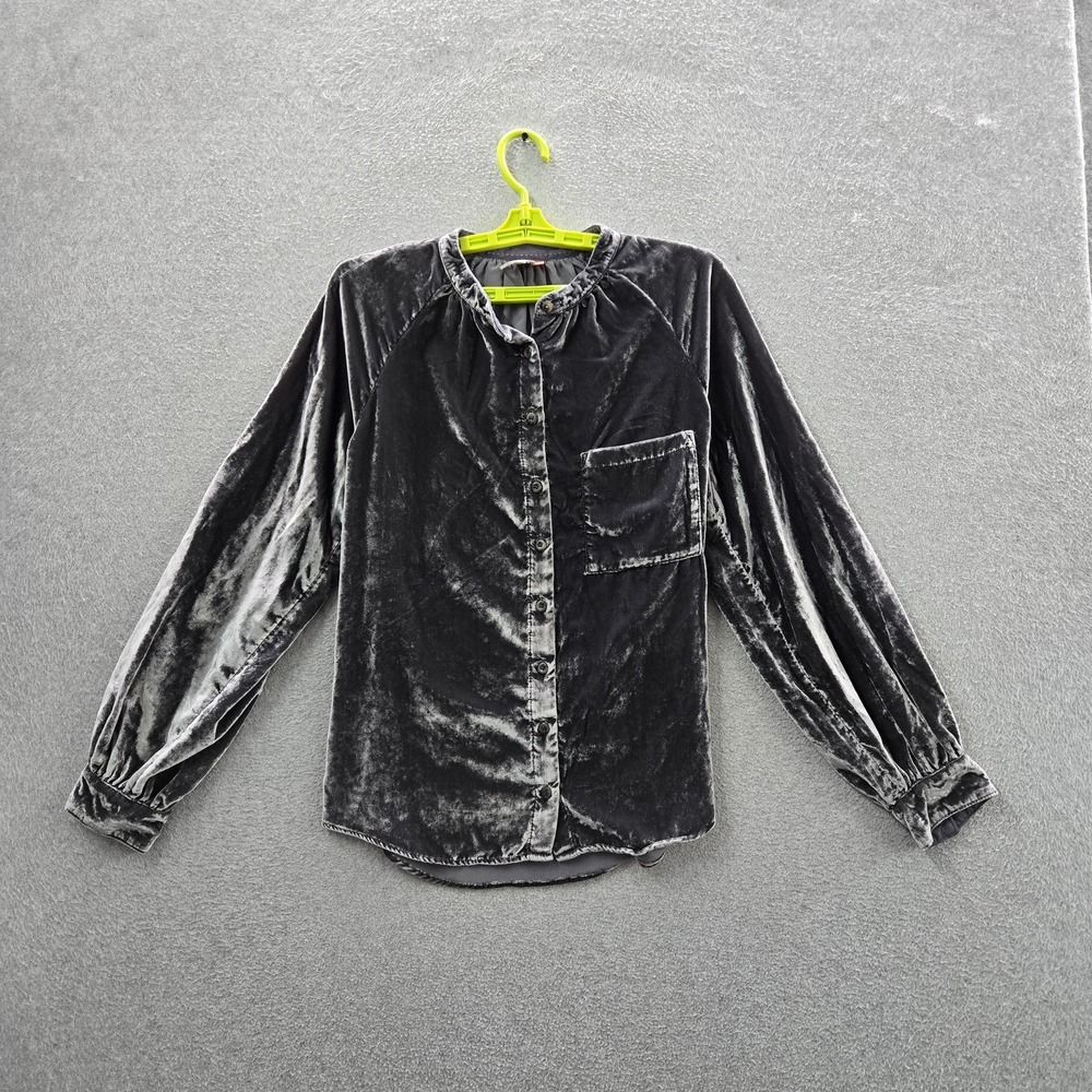 Pilcro Women Button Up Shirt M Gray Nylon Viscose Velvet V-Neck Puff Sleeved